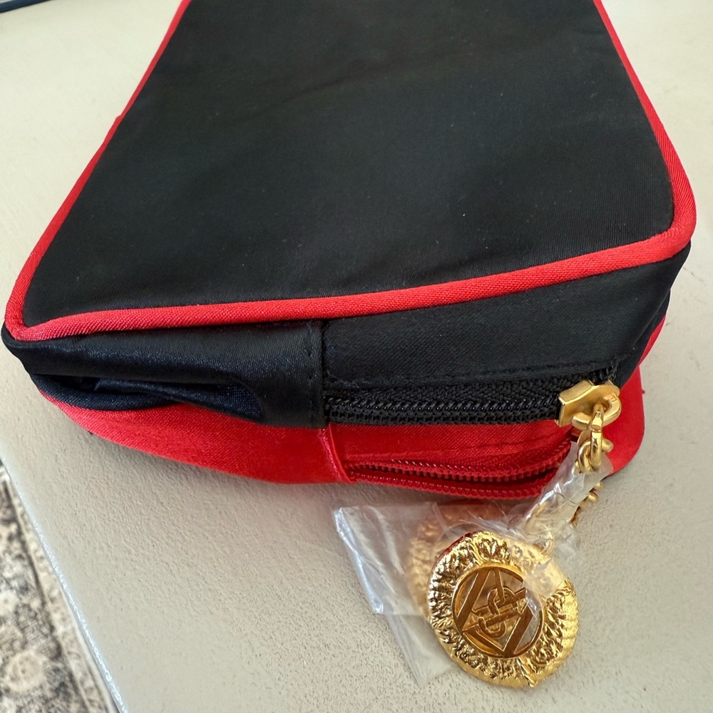 YSL Beautu vintage makeup bag- Black and Red Zip Pouch with Gold Medallion Charm - Picture 2 of 9